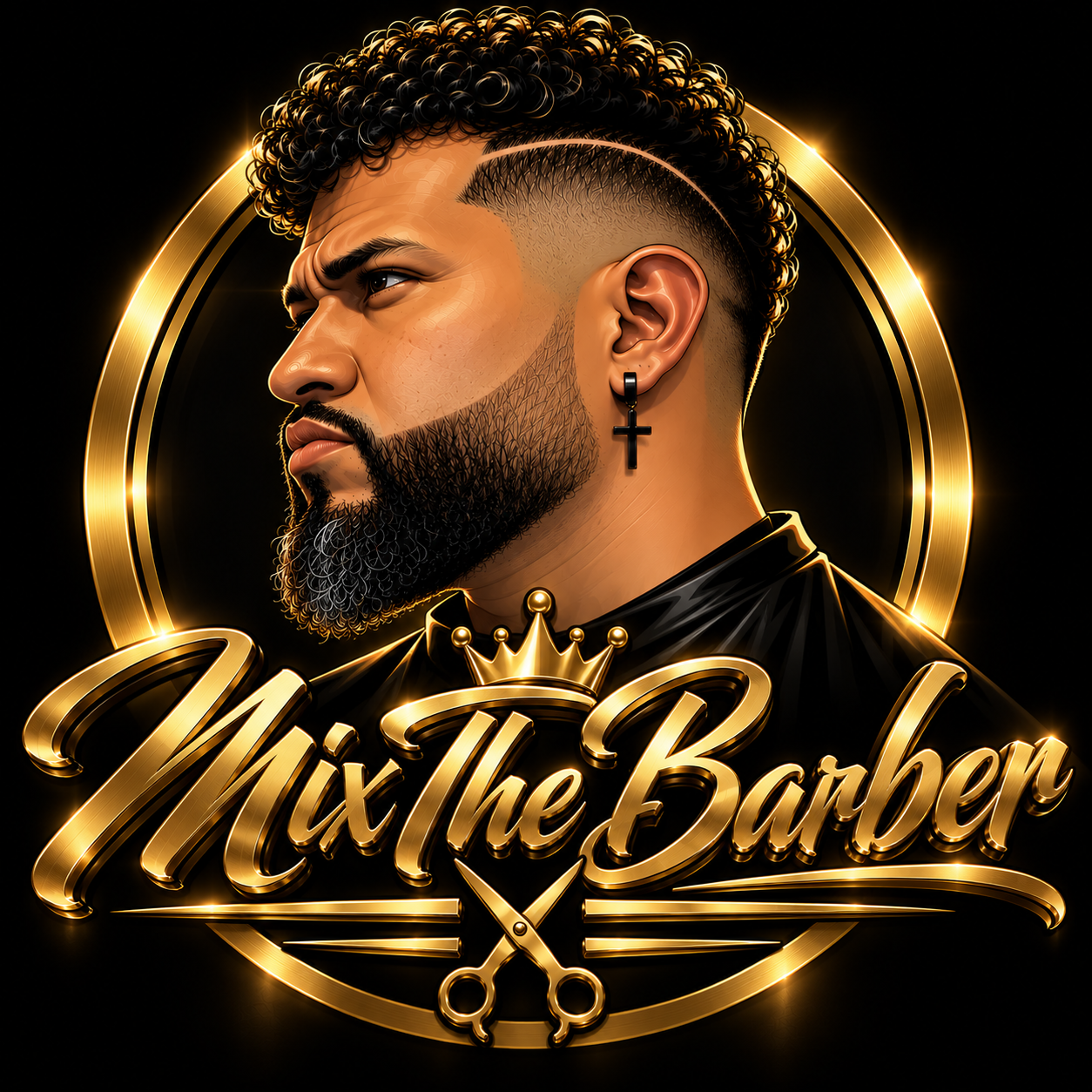 Mix the Barber gold artwork featuring a styled haircut, beard, crown and barber scissors